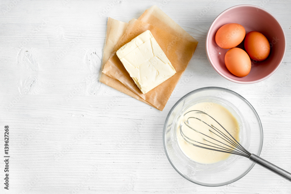 cooking pancake on white background top view ingredients for making