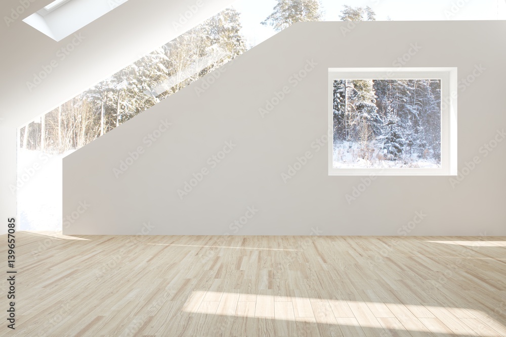 White empty room with winter landscape in window. Scandinavian interior design. 3D illustration