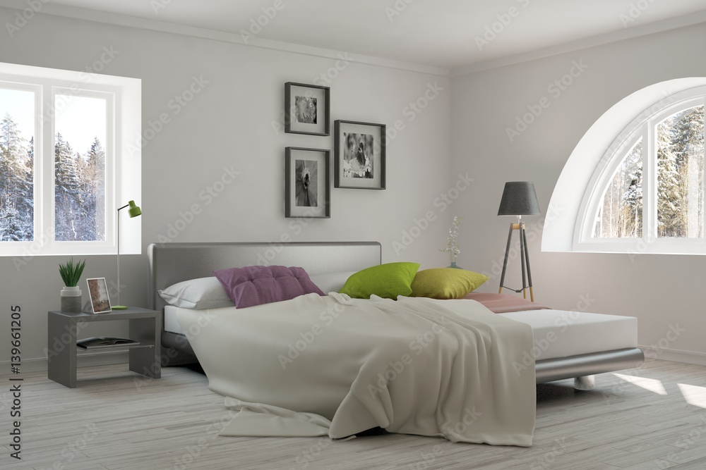 White bedroom with winter landscape in window. Scandinavian interior design. 3D illustration