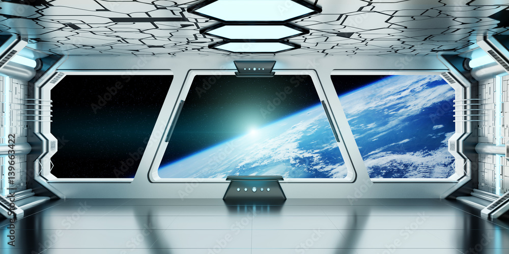 Spaceship interior with view on the planet Earth 3D rendering elements of this image furnished by NA