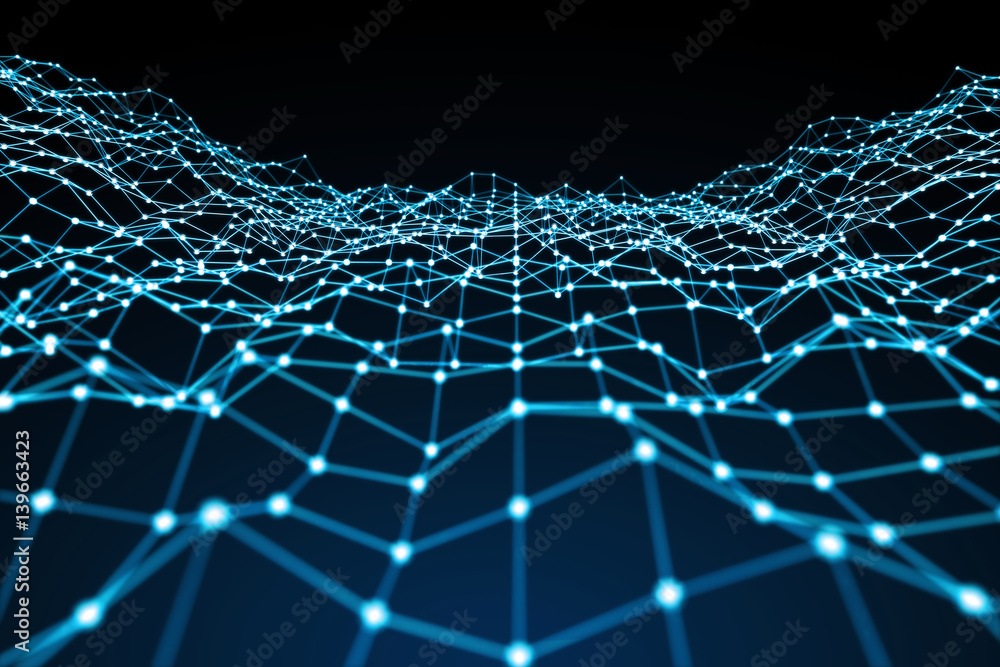 Floating white and blue dot network 3D rendering