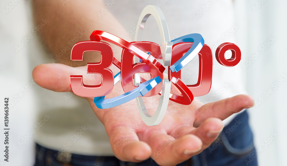 Man holding 360 degree 3D render icon in his han