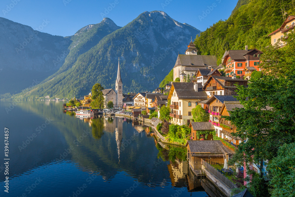 Hallstatt lakeside town at sunrise, Salzkammergut, Austria