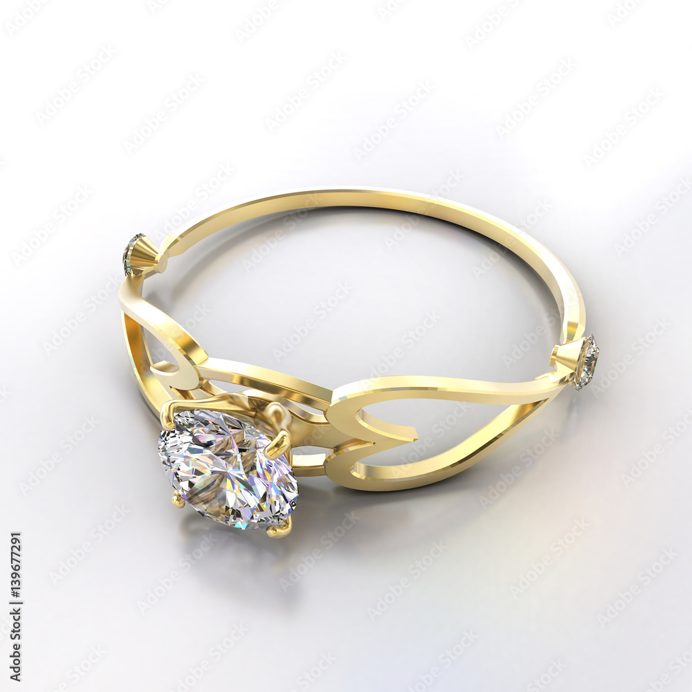 3D Gold diamond Ring placed on white background.