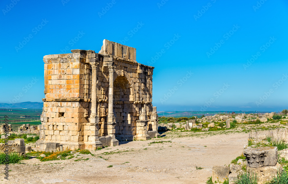 Caracalla Triumphal Arch at Volubilis, a UNESCO heritage site in Morocco