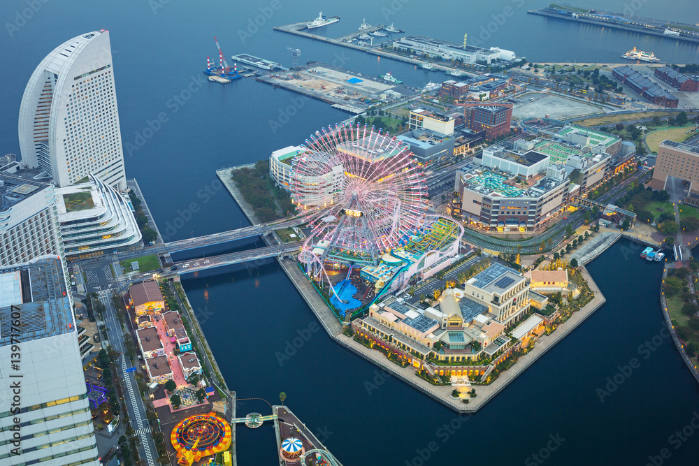 Aerial view of Yokohama city at dusk, Japan