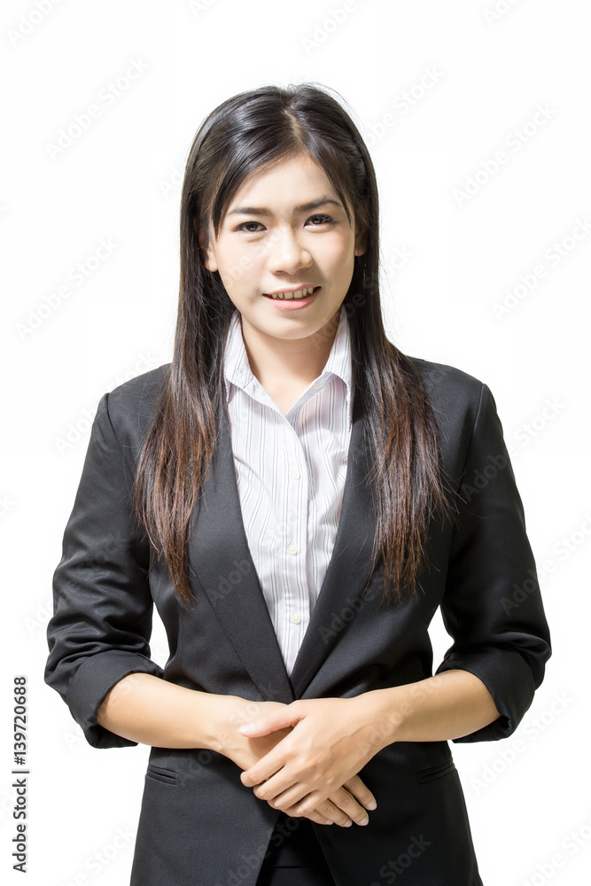 Portrait of smiling asian young business women. Isolated on a white background.