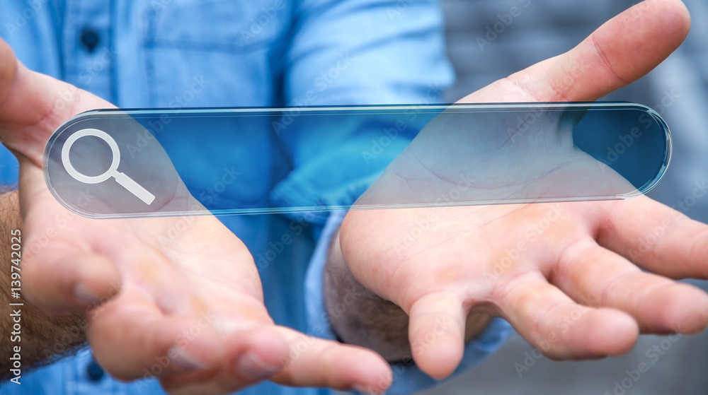 Man surfing on internet using tactile web address bar 3D rendering