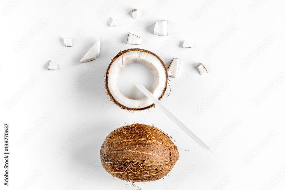 organic cosmetics with coconut on white background top view mockup