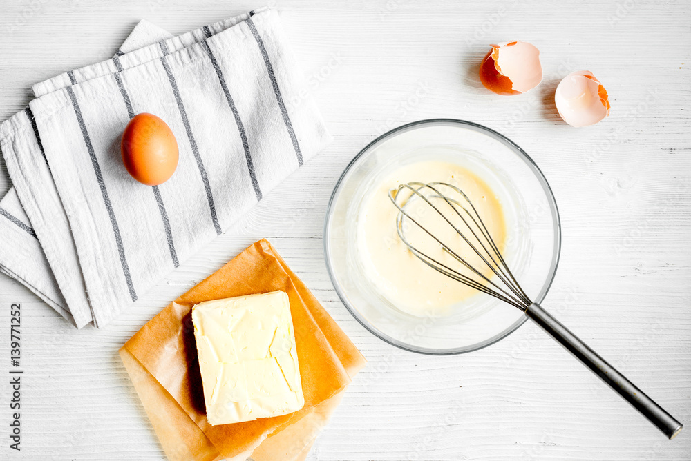 cooking pancake on white background top view ingredients for making