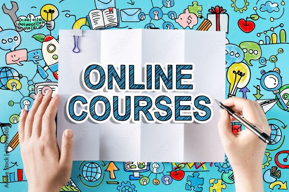 Online Courses text with hands