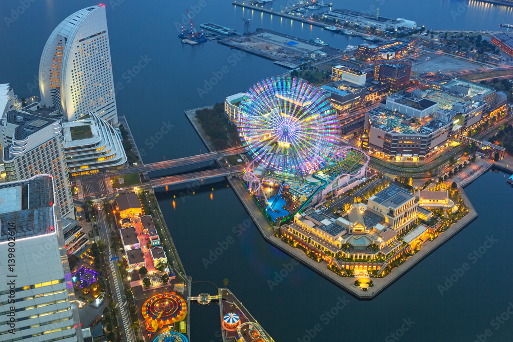 Aerial view of Yokohama city at dusk, Japan