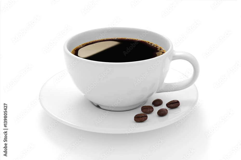 Cup of coffee with coffee beans isolated on white background