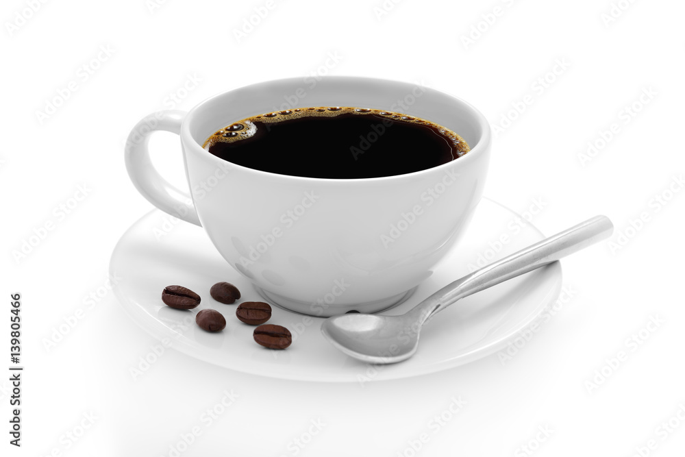 Cup of coffee with coffee beans isolated on white background