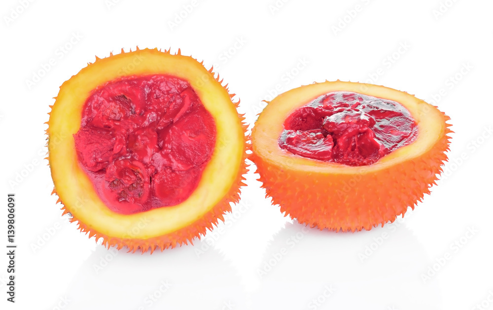 Gac fruit, Baby Jackfruit, Spiny Bitter Gourd, Sweet Grourd or Cochinchin Gourd on white background