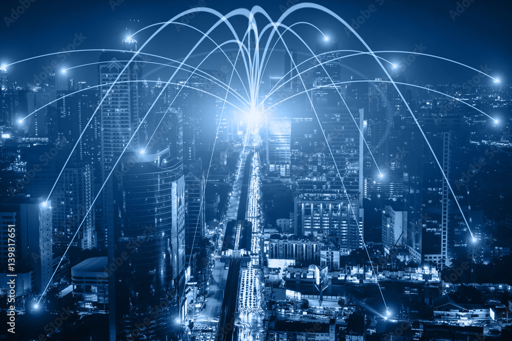 Business networking connection concept and Wi-Fi in city. Technology communication, The wireless com