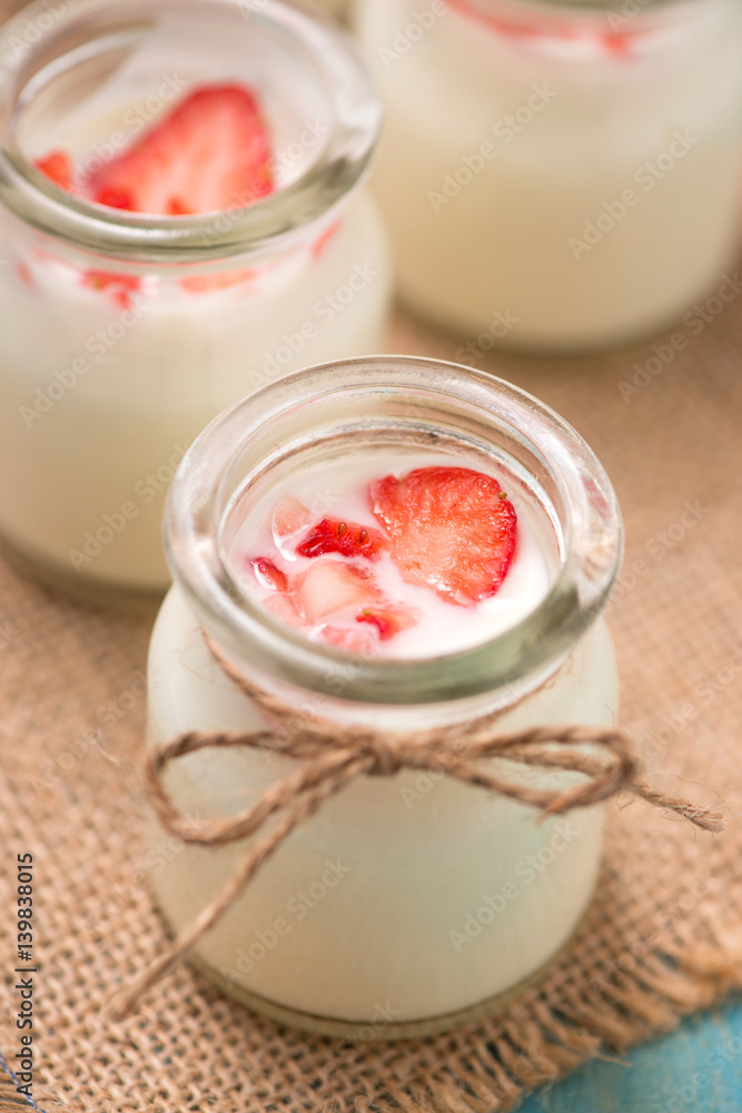 Strawberry Yoghurt. Healthy food with Strawberries and yoghurt breakfast on table.