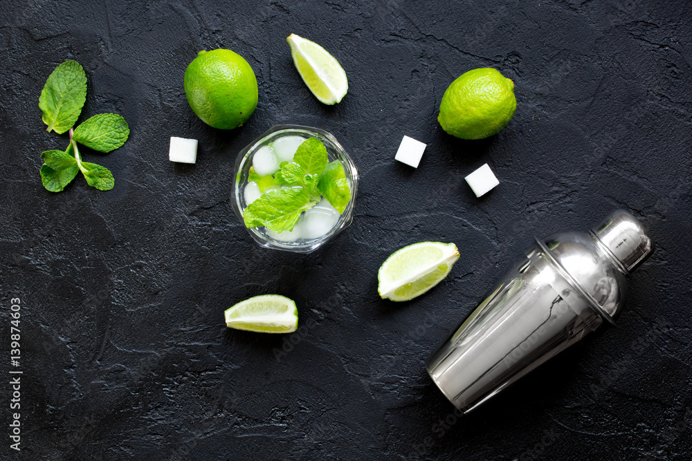 making mojito on dark background top view