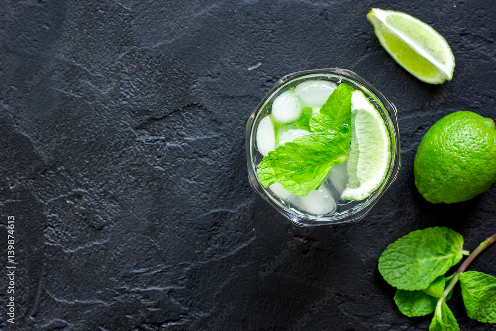 making mojito on dark background top view