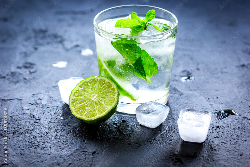 mojito in glass on dark background close up