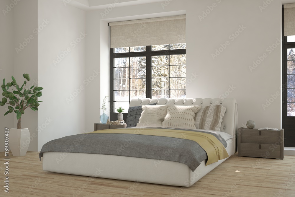 White bedroom with winter landscape in window. Scandinavian interior design. 3D illustration