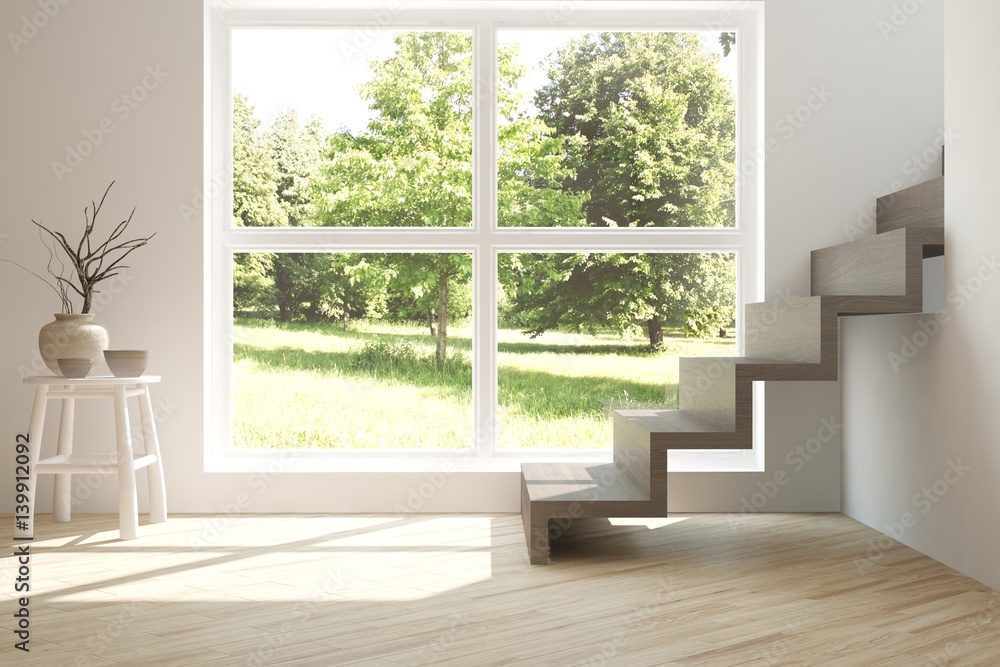 White empty room with green landscape in window. Scandinavian interior design. 3D illustration