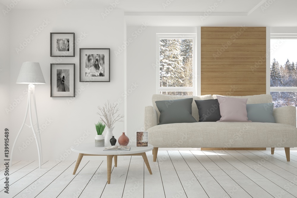 White room with sofa and winter landscape in window. Scandinavian interior design. 3D illustration