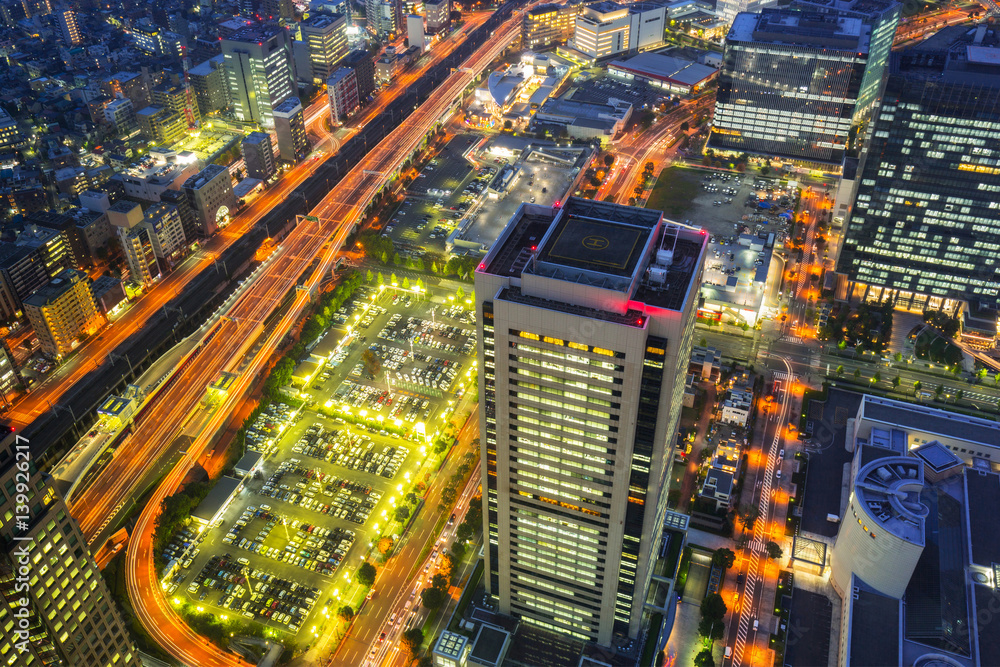 Aerial view of Yokohama city at night, Japan