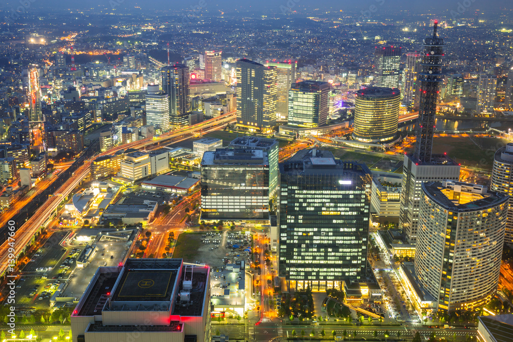 Aerial view of Yokohama city at night, Japan