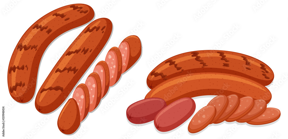 Grilled sausages on white background