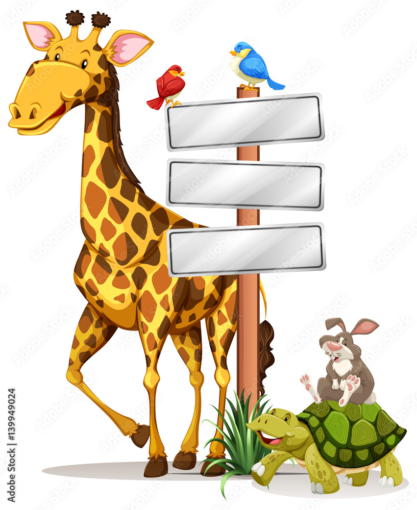 Giraffe and other animals by the sign