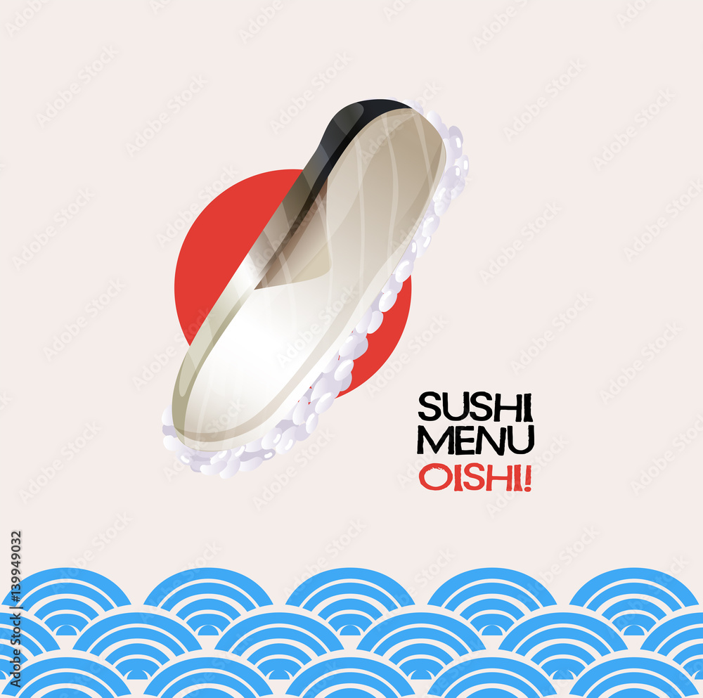 Sushi menu on poster with ocean background