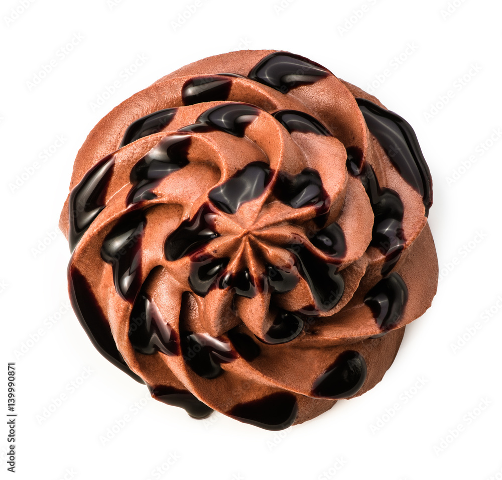 Chocolate frozen yogurt with chocolate sauce on white background with clipping path. Whipped cream. 