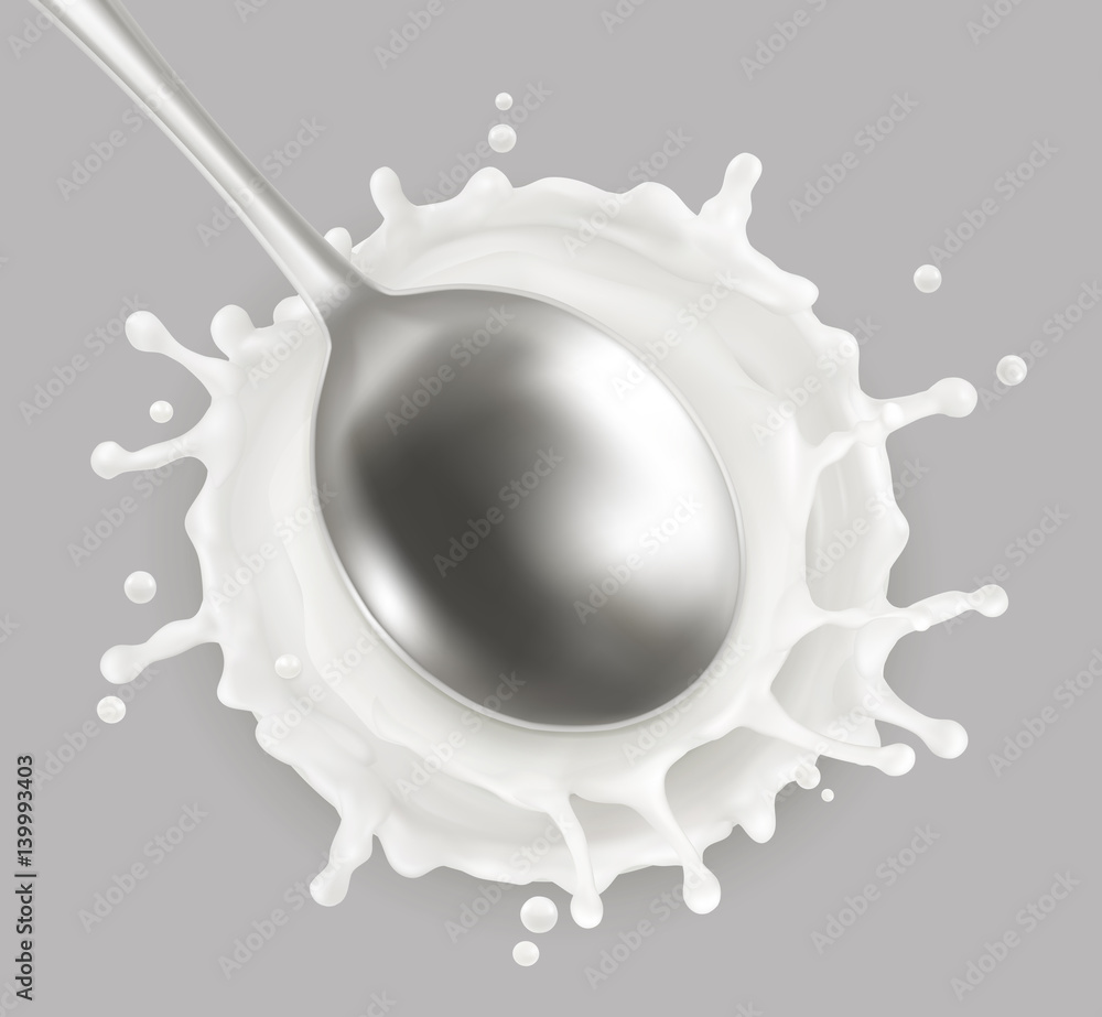 Spoon and milk splash. 3d vector icon