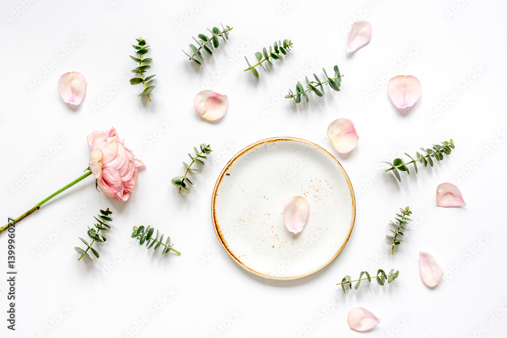 woman table with flower and herbs top view white background mock up