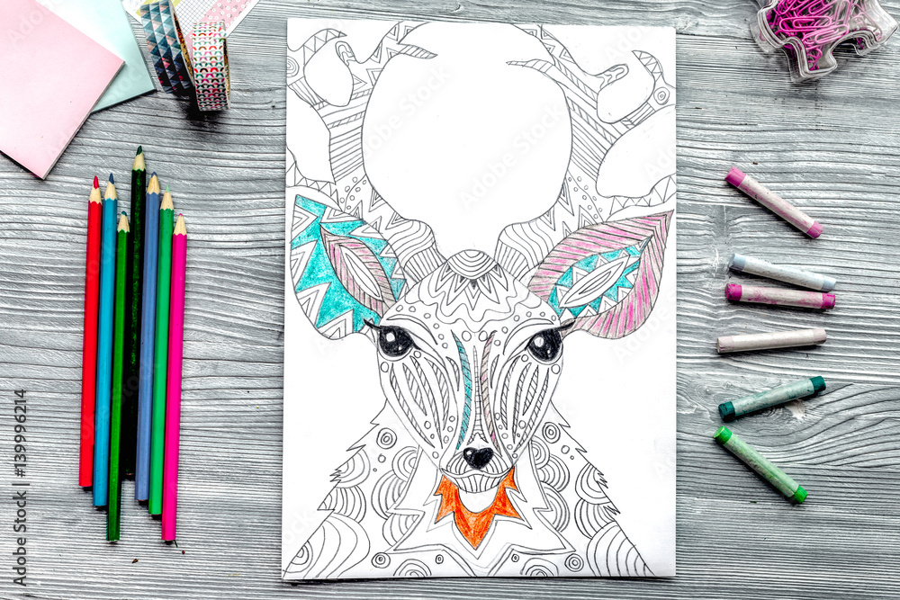 coloring picture for adults on wooden background top view