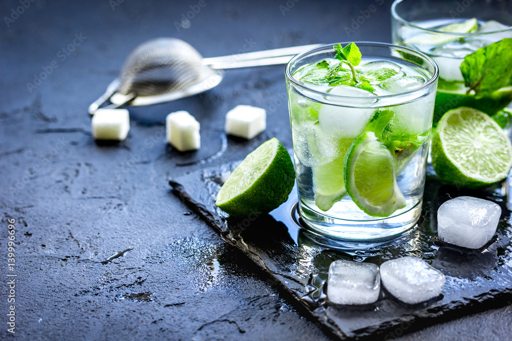 mojito in glass on dark background close up