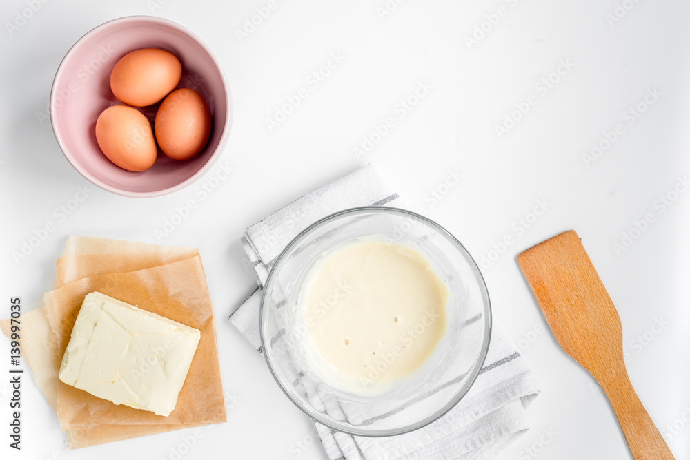 cooking pancake on white background top view ingredients for making