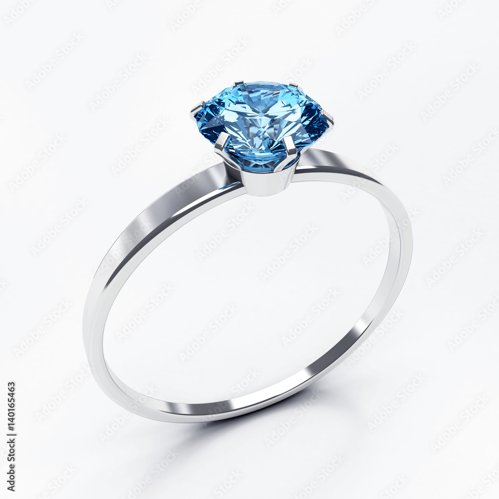 Blue Diamond ring isolated on white background 3d render