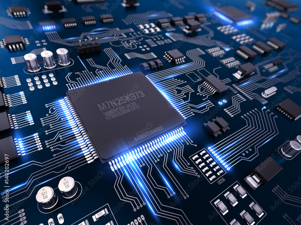 High tech electronic PCB (Printed circuit board) with processor and microchips. 3d illustration