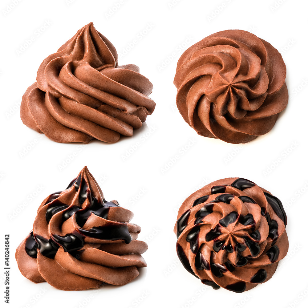 Various chocolate frozen yogurt collection with chocolate sauce. set of chocolate whipped cream isol