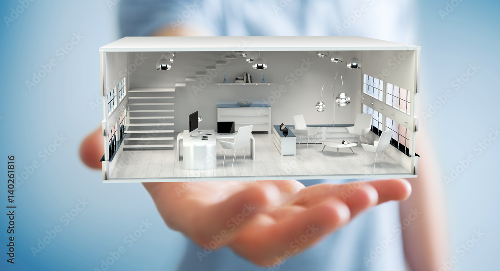 Businessman holding white 3D rendering apartment