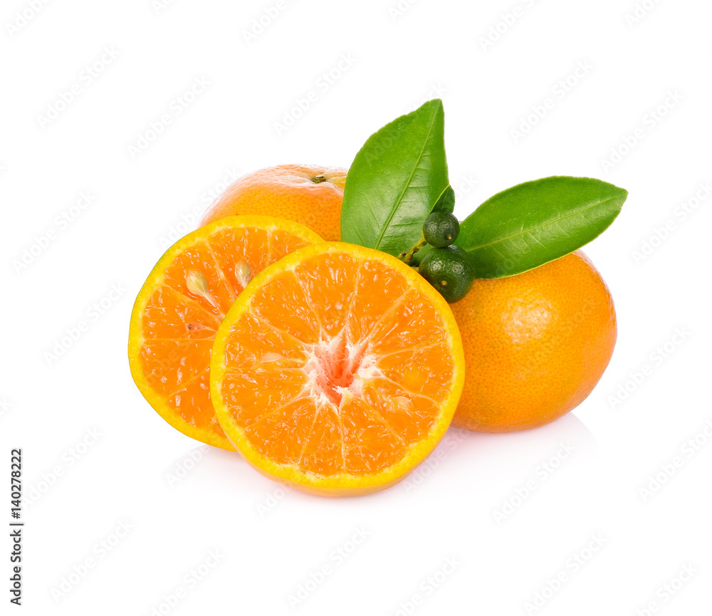 Half of orange fruit and leaf with young orange isolated on white background, Sai Nam Phueng orange 