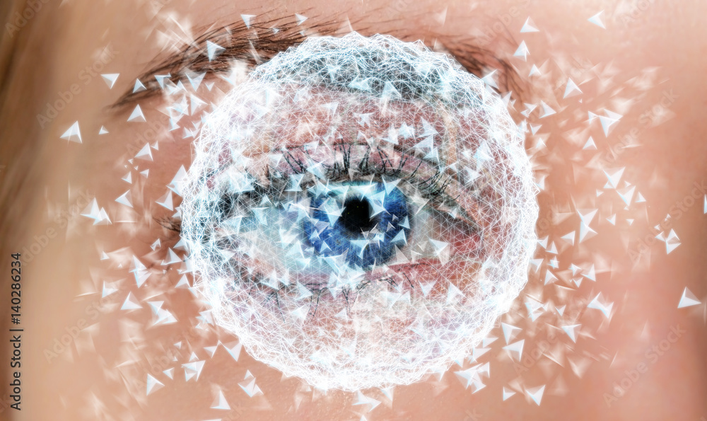 Close-up of woman digital eye network concept 3D rendering