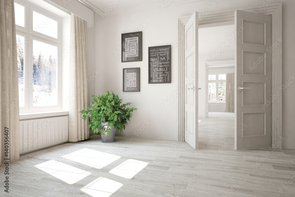 White empty room with winter landscape in window. Scandinavian interior design. 3D illustration