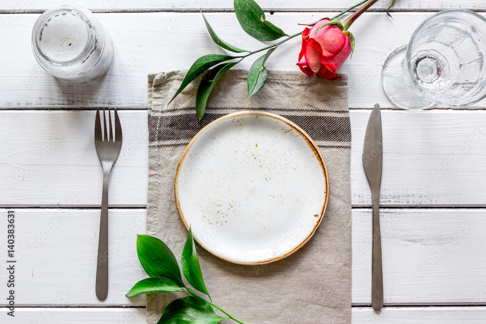 ceramic tableware top view on wooden background mock up