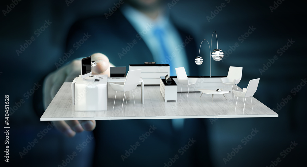 Businessman touching white 3D rendering apartment