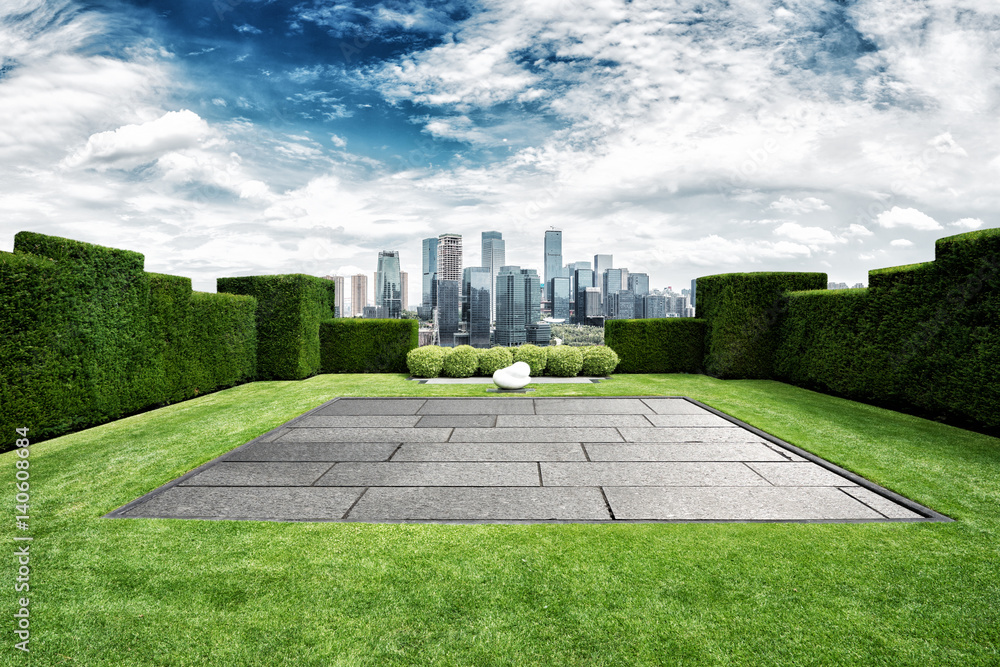 empty meadow and cityscape of modern city