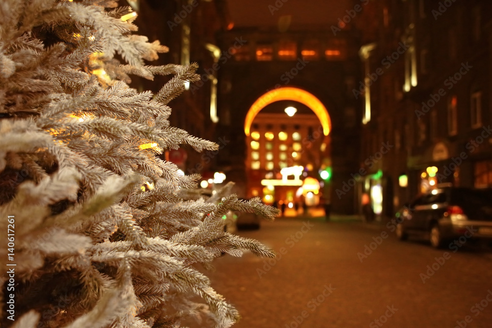 Christmas tree at decorated street