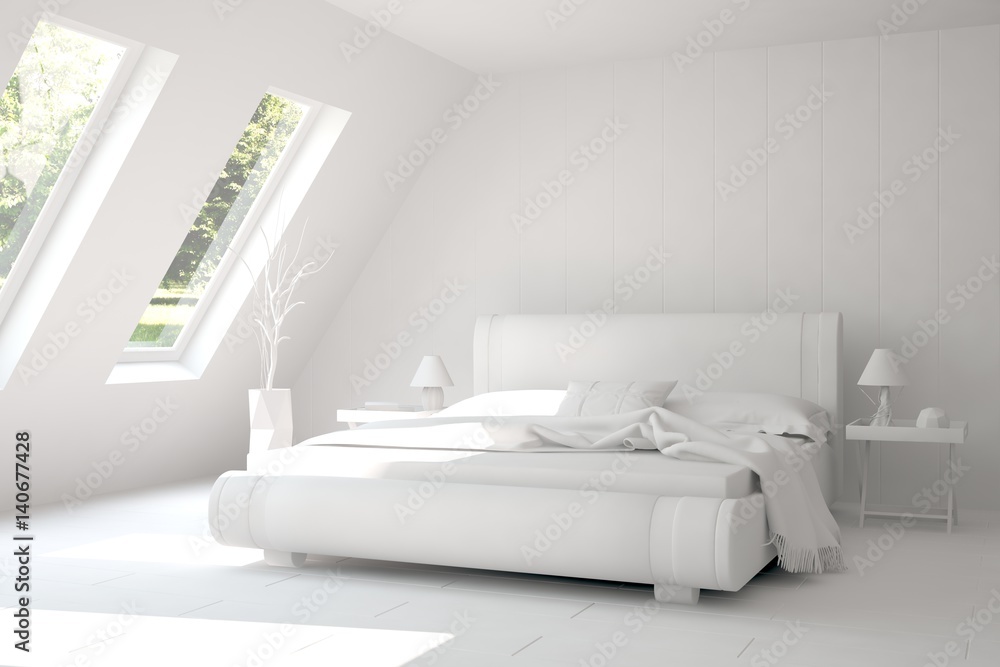 White modern bedroom with green landscape in window. Scandinavian interior design. 3D illustration